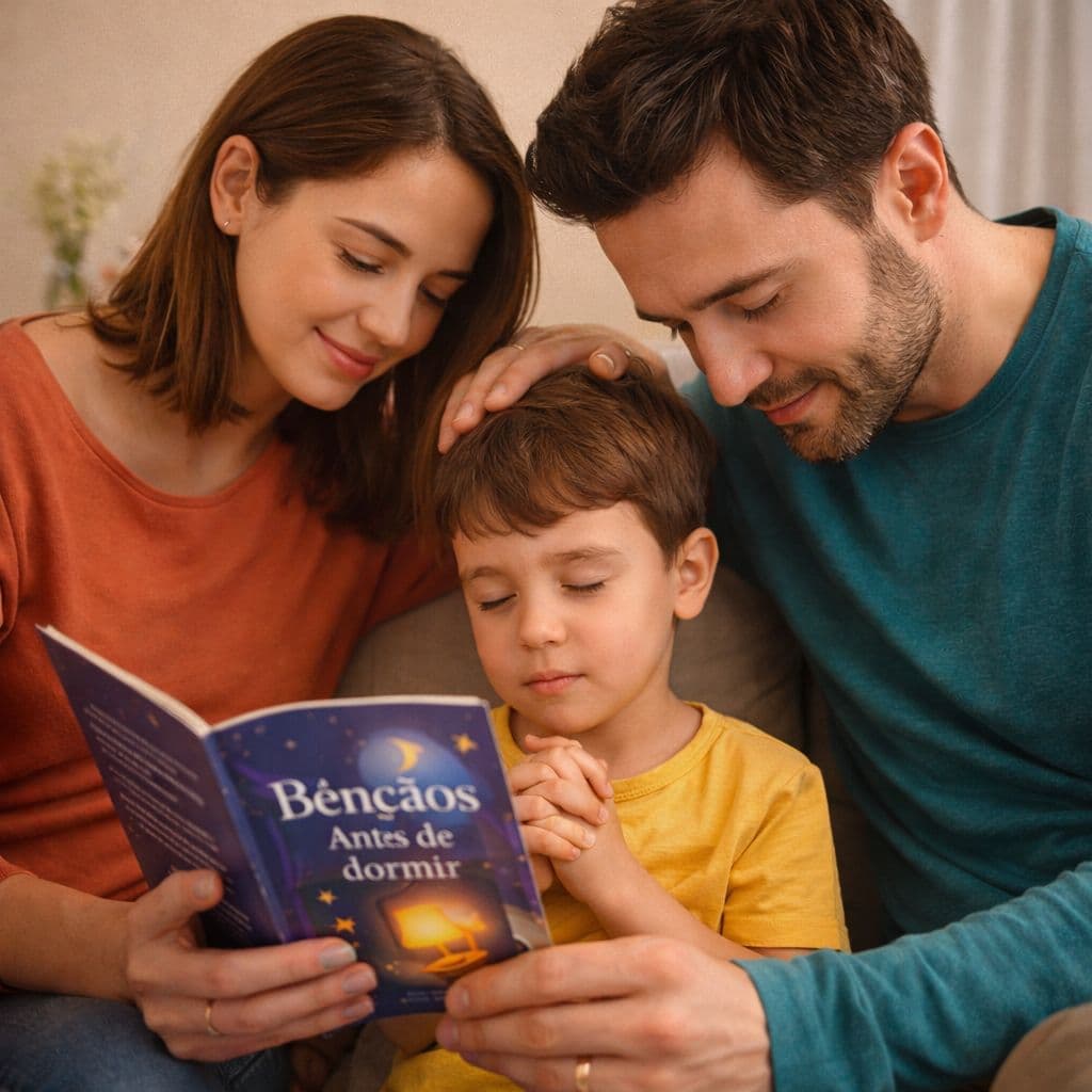 Família lendo Bênçãos Antes de dormir em momento de oração