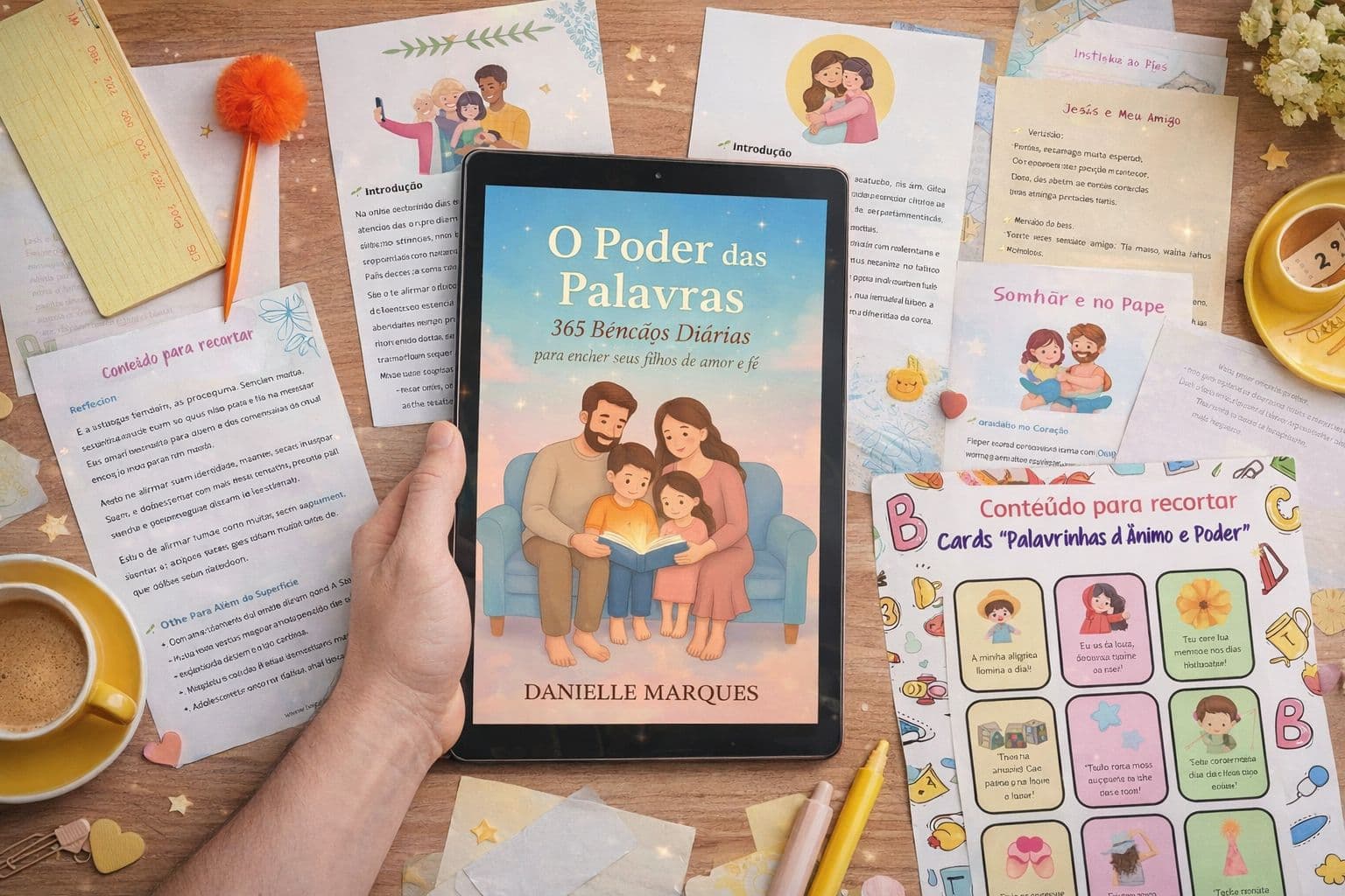 Tablet e materiais O Poder das Palavras em mesa com café e cards
